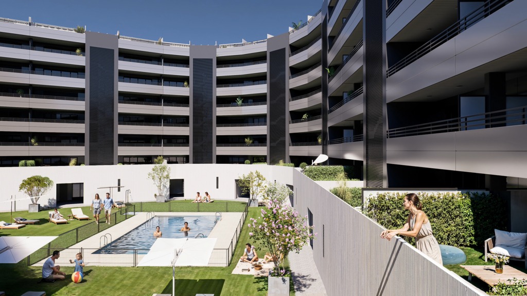 La eficiencia energética rompe el mito del consumo infinito. Complejo residencial con piscina y jardines